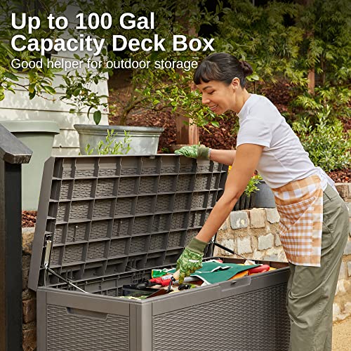 EAST OAK 100 Gallon Large Deck Box, Outdoor Storage Box with Padlock for Patio Furniture, Patio Cushions, Gardening Tools, Pool Supplies, Waterproof and UV Resistant, 660lbs Weight Capacity, Grey