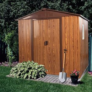 6.36 x 5.7ft outdoor metal storage shed with floor frame, sliding doors & side window, sun protection, waterproof tool storage shed for garden, patio, lawn,backyard (brown & wood grain)