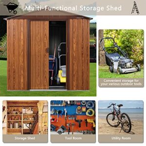 6.36 x 5.7ft Outdoor Metal Storage Shed with Floor Frame, Sliding Doors & Side Window, Sun Protection, Waterproof Tool Storage Shed for Garden, Patio, Lawn,Backyard (Brown & Wood Grain)