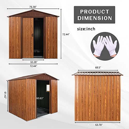 6.36 x 5.7ft Outdoor Metal Storage Shed with Floor Frame, Sliding Doors & Side Window, Sun Protection, Waterproof Tool Storage Shed for Garden, Patio, Lawn,Backyard (Brown & Wood Grain)