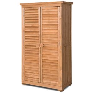 Goplus Outdoor Storage Cabinet, Wooden Garden Shed with Latch & Detachable Shelves & Pitch Roof, Vertical Organizer for Outside Yard Patio Deck