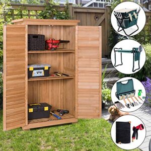 Goplus Outdoor Storage Cabinet, Wooden Garden Shed with Latch & Detachable Shelves & Pitch Roof, Vertical Organizer for Outside Yard Patio Deck