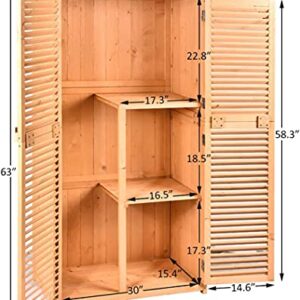 Grepatio 63" Outdoor Garden Storage Shed - Wooden Shutter Design Fir Wood Storage Organizers - Patios Tool Storage Cabinet Lockers for Tools, Lawn Care Equipment, Pool Supplies and Garden Accessories