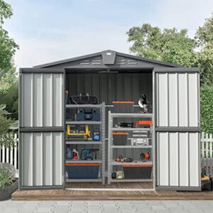 domi outdoor storage shed 6.5’x 4.2′, metal garden shed for bike, trash can, tools, lawn mowers, pool toys, galvanized steel outdoor storage cabinet with lockable door for backyard, patio, lawn