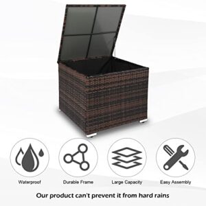 VINGLI 88 Gallon Outdoor Rattan Deck Box w/Adjustable Feet, Patio Wicker Storage Box for Tools and Toys Storage, Garden Deck Storage Bin for Garden, Balcony, Porch, Pool, Yard (Brown)