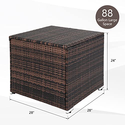 VINGLI 88 Gallon Outdoor Rattan Deck Box w/Adjustable Feet, Patio Wicker Storage Box for Tools and Toys Storage, Garden Deck Storage Bin for Garden, Balcony, Porch, Pool, Yard (Brown)