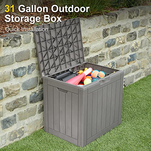 EAST OAK Deck Box, 31 Gallon Indoor and Outdoor Storage Box with Padlock for Patio Cushions, Outdoor Toys, Gardening Tools, Sports Equipment, Waterproof and UV Resistant Resin, Grey