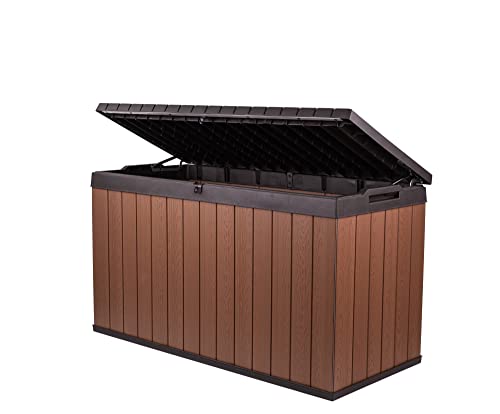 Keter Darwin 150 Gallon Resin Large Deck Box - Organization and Storage for Patio Furniture, Outdoor Cushions, Garden Tools and Pool Toys, Brown & Black