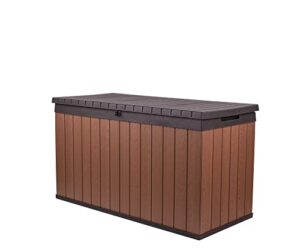 keter darwin 150 gallon resin large deck box – organization and storage for patio furniture, outdoor cushions, garden tools and pool toys, brown & black