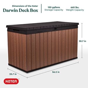 Keter Darwin 150 Gallon Resin Large Deck Box - Organization and Storage for Patio Furniture, Outdoor Cushions, Garden Tools and Pool Toys, Brown & Black