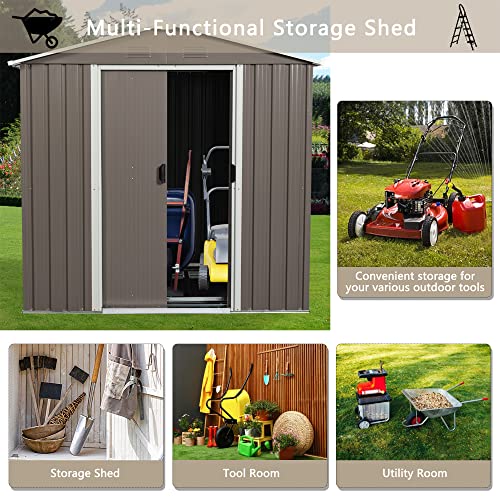 Outdoor Metal Storage Shed with Floor Frame,Metal Garden Shed with Sliding Door, Sun Protection, Waterproof, Tool Storage Shed, for Backyard, Patio, Lawn (Gray-6.23 x 4.3ft+Side Window)