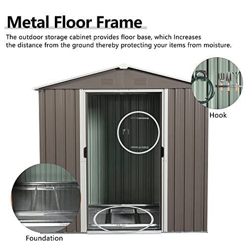 Outdoor Metal Storage Shed with Floor Frame,Metal Garden Shed with Sliding Door, Sun Protection, Waterproof, Tool Storage Shed, for Backyard, Patio, Lawn (Gray-6.23 x 4.3ft+Side Window)