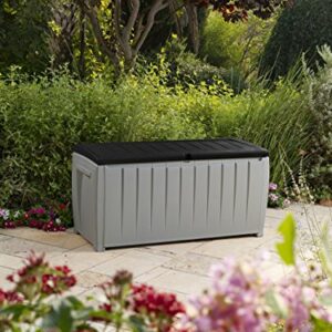 Keter Novel Plastic Deck Storage Container Box Outdoor Patio Garden Furniture 90 Gal, Black/Gray