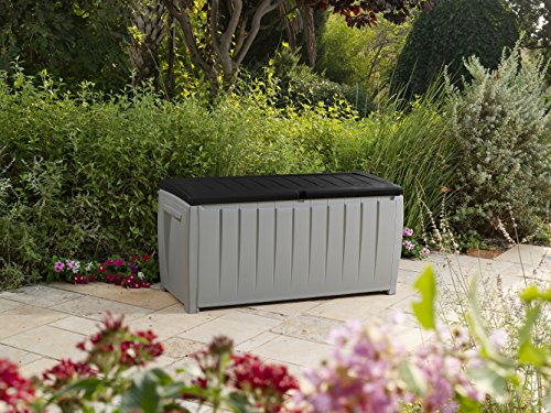 Keter Novel Plastic Deck Storage Container Box Outdoor Patio Garden Furniture 90 Gal, Black/Gray