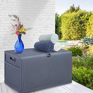 OVASTLKUY Large Deck Box, 120 Gallon Patio Garden Furniture Resin Indoor/Outdoor Storage Container and Seat for Patio Cushions (Grey)