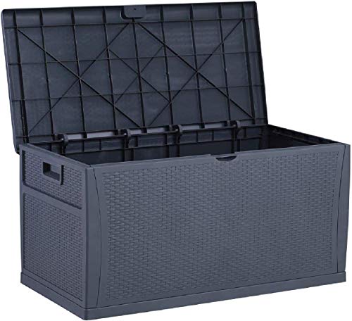 OVASTLKUY Large Deck Box, 120 Gallon Patio Garden Furniture Resin Indoor/Outdoor Storage Container and Seat for Patio Cushions (Grey)