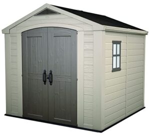 keter factor 8×8 foot large resin outdoor storage shed with floor for patio furniture, lawn mower, and bike storage