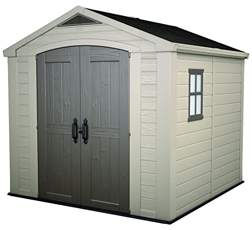 Keter Factor 8x8 Foot Large Resin Outdoor Storage Shed with Floor for Patio Furniture, Lawn Mower, and Bike Storage