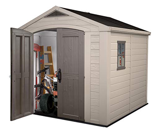 Keter Factor 8x8 Foot Large Resin Outdoor Storage Shed with Floor for Patio Furniture, Lawn Mower, and Bike Storage