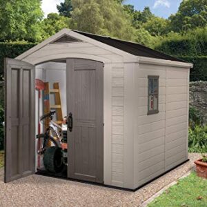 Keter Factor 8x8 Foot Large Resin Outdoor Storage Shed with Floor for Patio Furniture, Lawn Mower, and Bike Storage