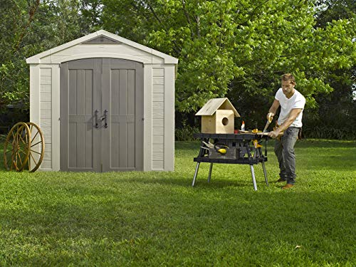 Keter Factor 8x8 Foot Large Resin Outdoor Storage Shed with Floor for Patio Furniture, Lawn Mower, and Bike Storage