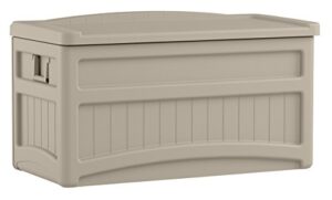 suncast db7500 73 gallon waterproof outdoor storage container for patio furniture, pools toys, yard tools-stor deck box, with wheels, 73 gal, light taupe