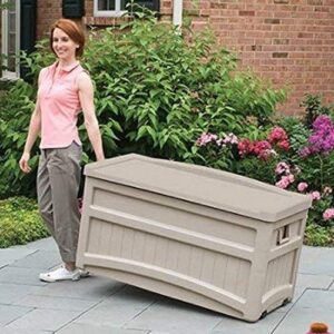 Suncast DB7500 73 Gallon Waterproof Outdoor Storage Container for Patio Furniture, Pools Toys, Yard Tools-Stor Deck Box, With Wheels, 73 Gal, Light Taupe