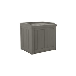 suncast 22-gallon small deck box – lightweight resin indoor/outdoor storage container and seat for patio cushions and gardening tools – store items on garage, yard – stone gray