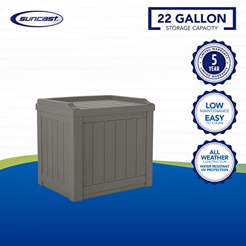 Suncast 22-Gallon Small Deck Box - Lightweight Resin Indoor/Outdoor Storage Container and Seat for Patio Cushions and Gardening Tools - Store Items on Garage, Yard - Stone Gray
