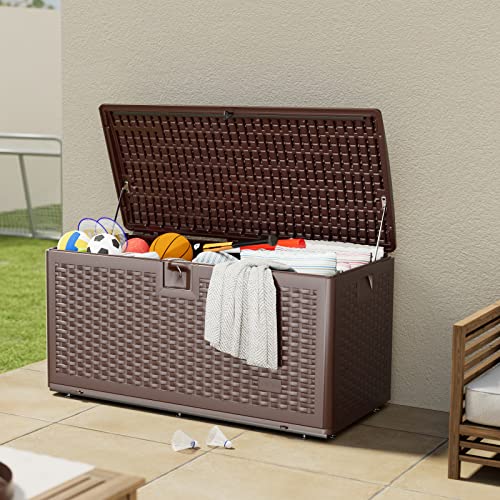 UDPATIO Deck Box Resin 73 Gallon, Outdoor Storage Box w/ Bottom Bracket and Padlock, Waterproof for Pool Supplies, Toys, Garden Tools, Cushions and Patio Furniture, Weather and UV Resistant Porch Bin, Brown