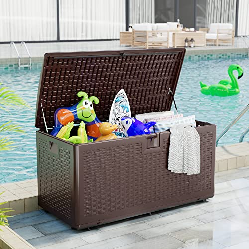 UDPATIO Deck Box Resin 73 Gallon, Outdoor Storage Box w/ Bottom Bracket and Padlock, Waterproof for Pool Supplies, Toys, Garden Tools, Cushions and Patio Furniture, Weather and UV Resistant Porch Bin, Brown