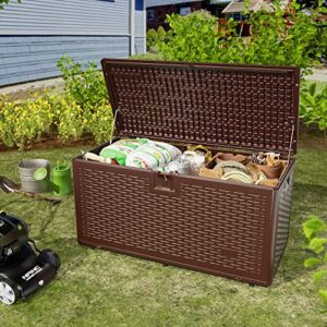 UDPATIO Deck Box Resin 73 Gallon, Outdoor Storage Box w/ Bottom Bracket and Padlock, Waterproof for Pool Supplies, Toys, Garden Tools, Cushions and Patio Furniture, Weather and UV Resistant Porch Bin, Brown