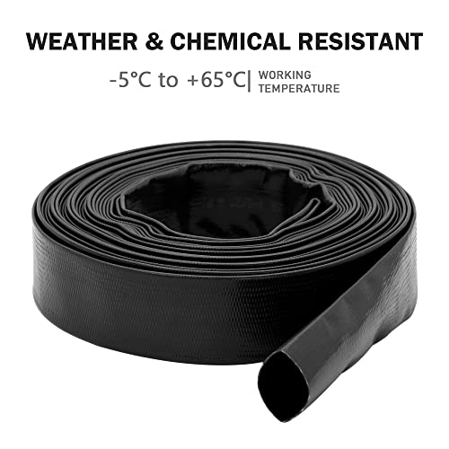 D-WEIXIN Heavy Duty 2" × 50 ft Pool Backwash Hose, Multi-purpose Pump Reinforced PVC Lay Flat Water Discharge Hose, Chemical and Weather Resistant - Drain Clean Swimming Pools & Filters, Black