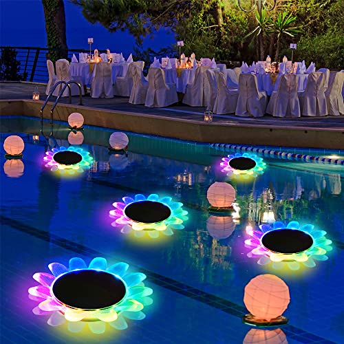 6.3" Magic RGB Color LED Floating Pool Lights IP68 Waterproof Solar Pond Light with Remote Flower Night Lights for Swimming Pool Party Decorations, Pond, Garden (2Packs)