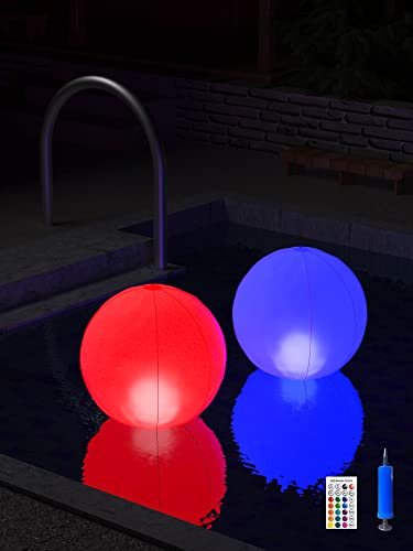 Jiaweida Solar Floating Pool Lights - Pack of 2 Solar Powered Color Changing 14-inch Balls - Float or Hang in Pool Garden Backyard Pond Party Decorations - Inflatable Wateproof RBG Lights