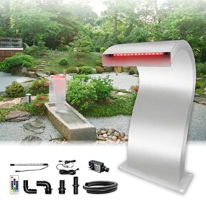 LONGRUN S-Shaped Waterfall Spillway Stainless Steel Swimming Pool Fountain with Color Changing LED Light, Outdoor Pond Waterfalls Kit for Garden Patio Swimming Pool Koi Ponds Decoration -20.2" Height
