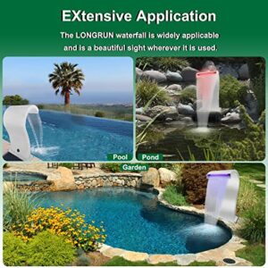 LONGRUN S-Shaped Waterfall Spillway Stainless Steel Swimming Pool Fountain with Color Changing LED Light, Outdoor Pond Waterfalls Kit for Garden Patio Swimming Pool Koi Ponds Decoration -20.2" Height