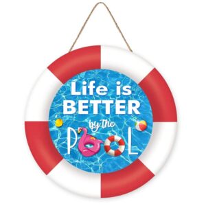zdalexf outdoor summer sign, life is better by the pool sign for swimming pool, round wooden hanging sign for garden backyard patio decor,summer beach home party wall porch decoration 12×12