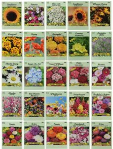 25 slightly assorted flower seed packets – includes 10+ varieties – may include: forget me nots, pinks, marigolds, zinnia, wildflower, poppy, snapdragon and more – made in the usa