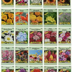 25 Slightly Assorted Flower Seed Packets - Includes 10+ Varieties - May Include: Forget Me Nots, Pinks, Marigolds, Zinnia, Wildflower, Poppy, Snapdragon and More - Made in the USA