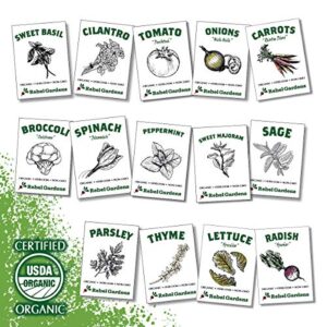 kitchen garden seed collection – certified organic herb & vegetable seeds – 14 varieties of non-gmo, heirloom, home garden seeds for planting – basil, tomato, spinach, cilantro, & more