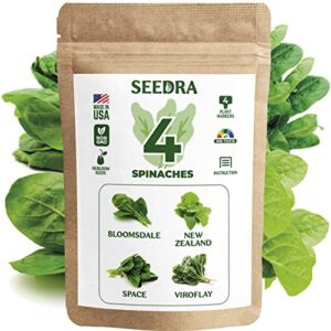 seedra.us 4 spinach seeds variety pack – 305+ non gmo, heirloom seeds for indoor outdoor hydroponic home garden – bloomsdale, new zealand, space, virofly
