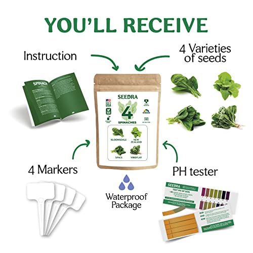 Seedra.US 4 Spinach Seeds Variety Pack - 305+ Non GMO, Heirloom Seeds for Indoor Outdoor Hydroponic Home Garden - Bloomsdale, New Zealand, Space, Virofly