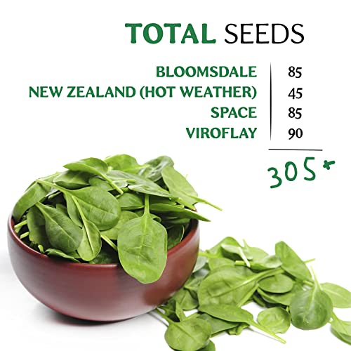 Seedra.US 4 Spinach Seeds Variety Pack - 305+ Non GMO, Heirloom Seeds for Indoor Outdoor Hydroponic Home Garden - Bloomsdale, New Zealand, Space, Virofly