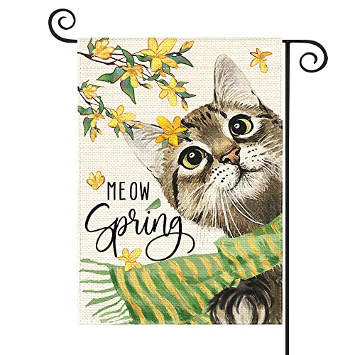 AVOIN colorlife Meow Spring Cat Garden Flag 12x18 Inch Double Sided Outside, Floral Seasonal Yard Outdoor Flag