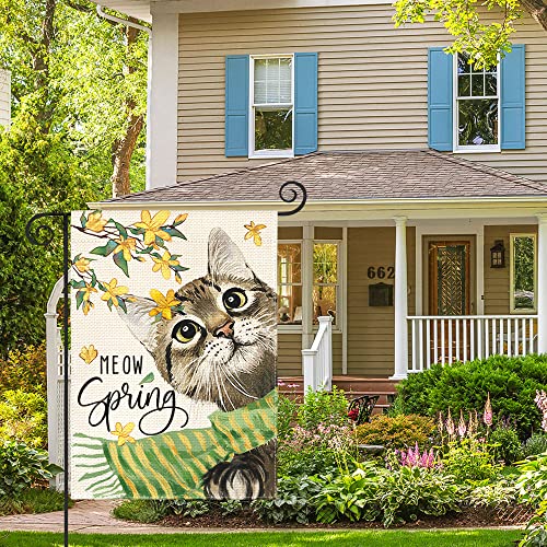 AVOIN colorlife Meow Spring Cat Garden Flag 12x18 Inch Double Sided Outside, Floral Seasonal Yard Outdoor Flag