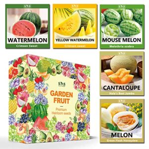 5 variety melon fruit seeds packets – crimson watermelon, green honeydew melon, melothria scabra, cantaloupe and yellow watermelon for your fruit garden w/gift box planting instructions