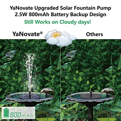 YaNovate Solar Fountain Pump for Bird Bath, 2021 Latest Upgraded 2.5W 800mAh Battery Backup Portable Floating Solar Powered Water Fountain Pump for Birdbath Garden Backyard Pool Pond Outdoor