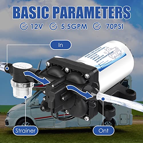 12V Water Pressure Diaphragm Pump, 5.5GPM/70PSI Self Priming Water Pump include 3/4" Garden Hose Adapters, Marine Fresh Water Transfer Pump for RV Camper Yacht Lawn Agricultural Irrigation Spraying