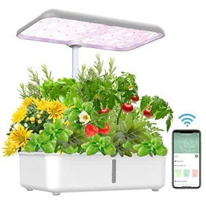 hydroponics growing system indoor garden, indoor gardening system with 14 pods, wifi indoor herb garden, indoor herb garden kit with grow light, auto pump, 5l water tank, adjustable height up to 20.6″